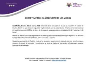 Anuncian cierre temporal del Aeropuerto de Los Mochis
