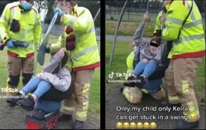 Joven se queda atorada en un columpio y bomberos la sacan; videos se viralizan