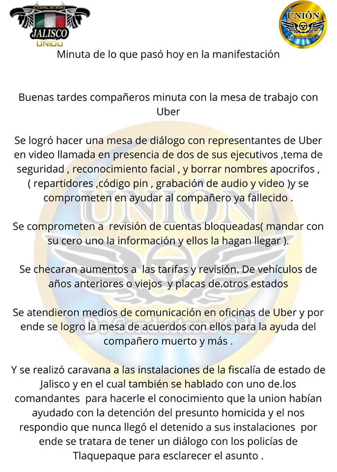 Comunicado de prensa de la Unión de Conductores de Gdl.