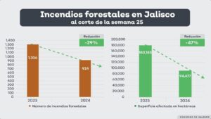 Disminuyen los incendios forestales en Jalisco: 29% menos casos y 47% menos superficie afectada en la Semana 25.