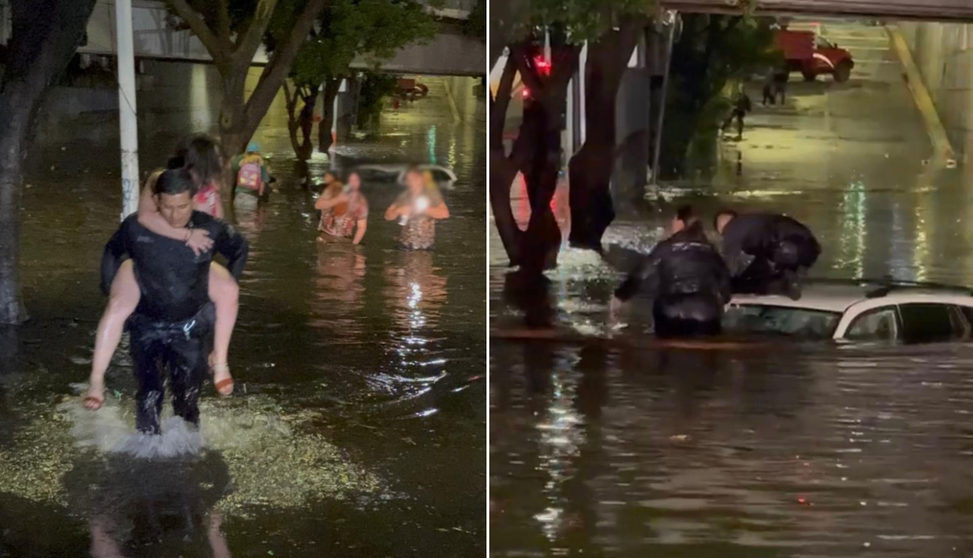 Rescatan a tres personas atrapadas en paso a desnivel inundado en Jardines del Bosque