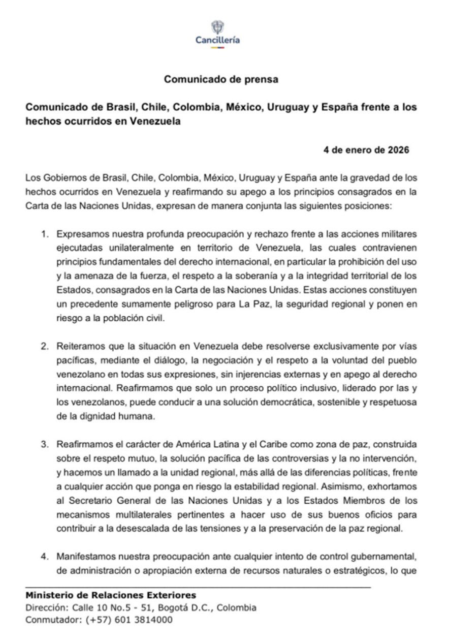 Brasil, Chile, Colombia, México, Uruguay y España fijan postura conjunta ante la crisis en Venezuela.
