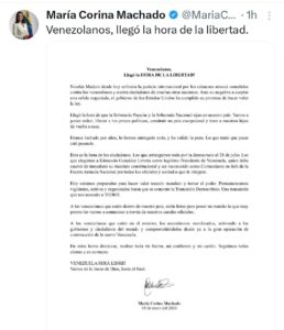 María Corina Machado proclama: "Venezolanos, llegó la hora de la libertad" - ZMG Noticias