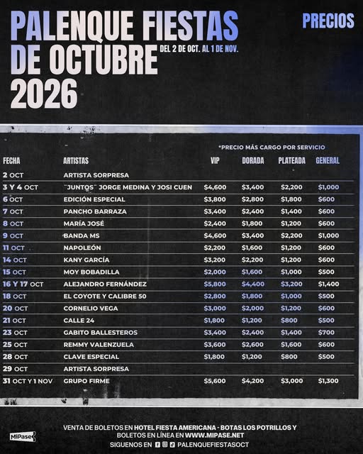 Palenque Fiestas de Octubre 2026: revelan cartelera completa y precios de los boletos