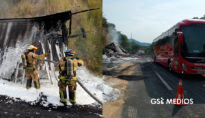 Choque entre tractocamiones con material peligroso provoca incendio en Plan de Barrancas